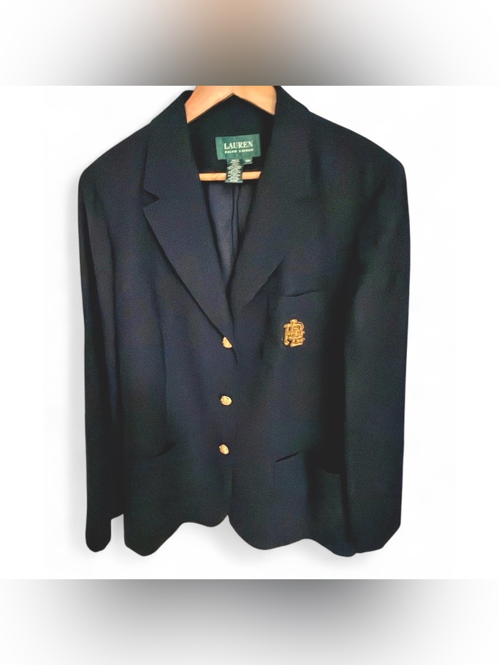 Lauren Ralph Lauren Navy Wool Blazer. Gold embroidered logo and buttons